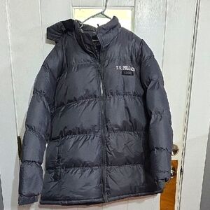 U S Polo Assn Mens Puffer Jacket Coat Gray Removable Hood Zips Pockets Sz XL EUC